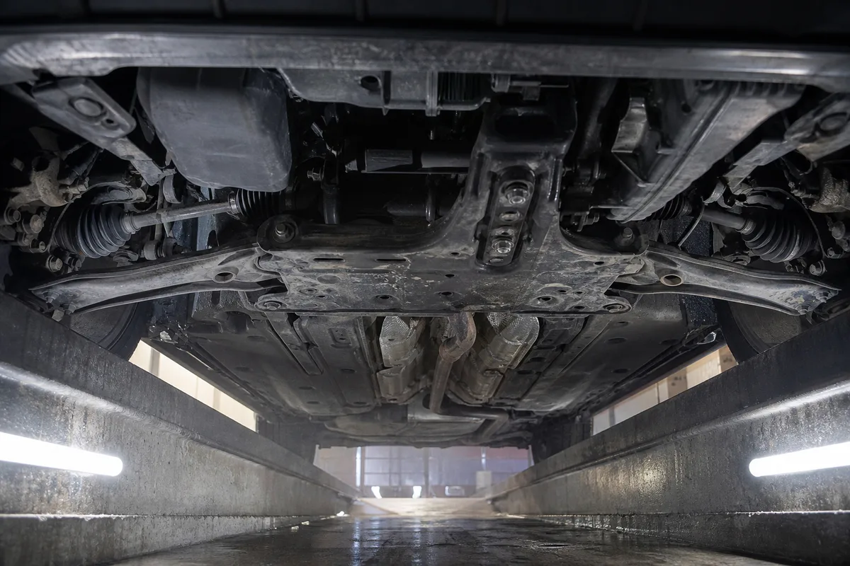 Vue depuis une fosse d&rsquo;atelier sur le bas de caisse et la suspension avant d&rsquo;une voiture, néons diffus