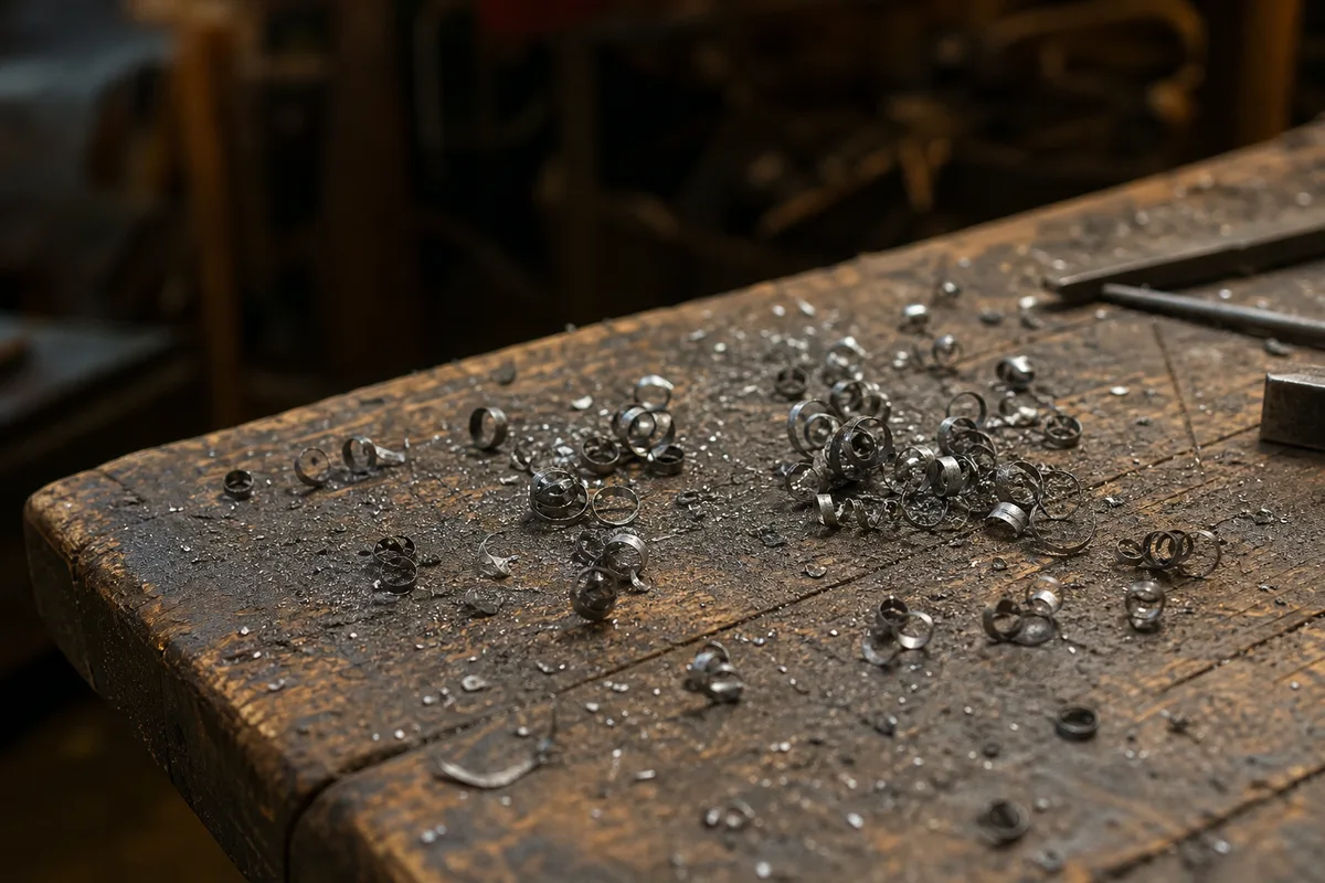Clés plates et douilles métalliques posées sur un établi en bois brut