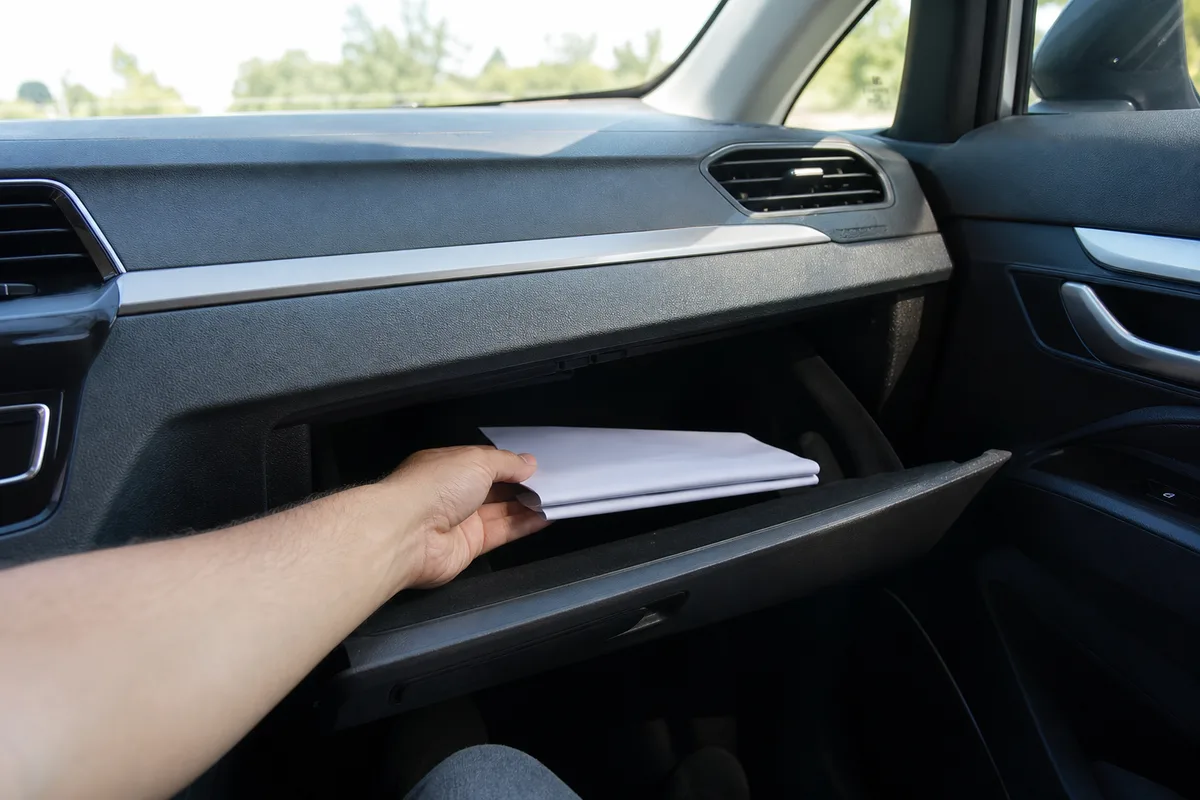 Conducteur rangeant le récépissé de déclaration de perte dans la boîte à gants du véhicule