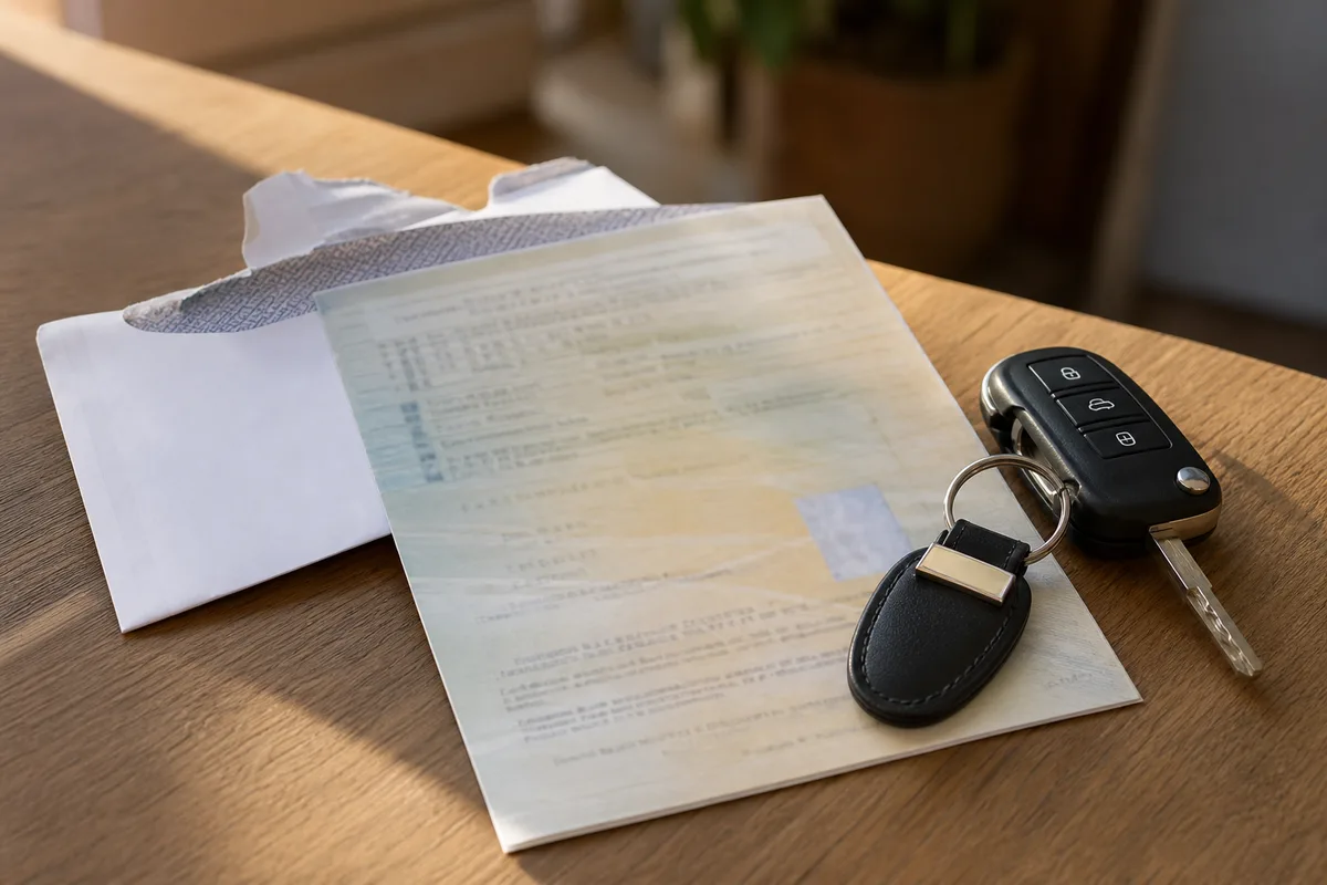Nouvelle carte grise reçue par courrier posée sur une table avec des clés de voiture