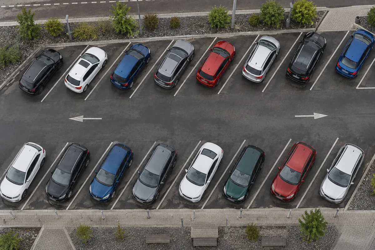 Parking d&rsquo;une aire d&rsquo;autoroute vu d&rsquo;en haut, voitures garées en épi sous un ciel couvert