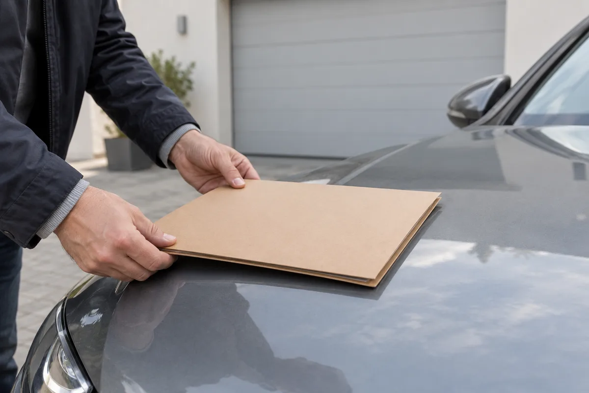 Mains posant une chemise cartonnée fermée sur le capot d&rsquo;une voiture grise dans la cour d&rsquo;un garage