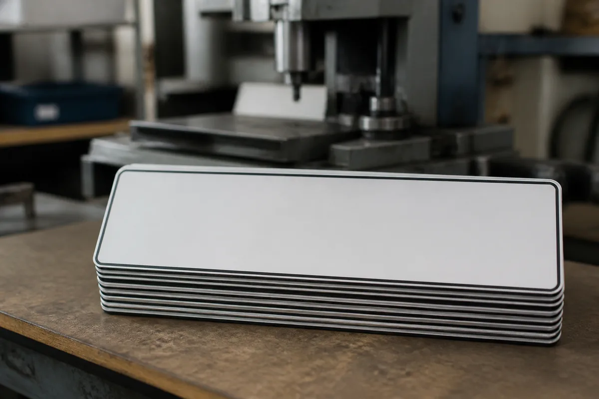 Plaques d’immatriculation vierges alignées dans un atelier de fabrication