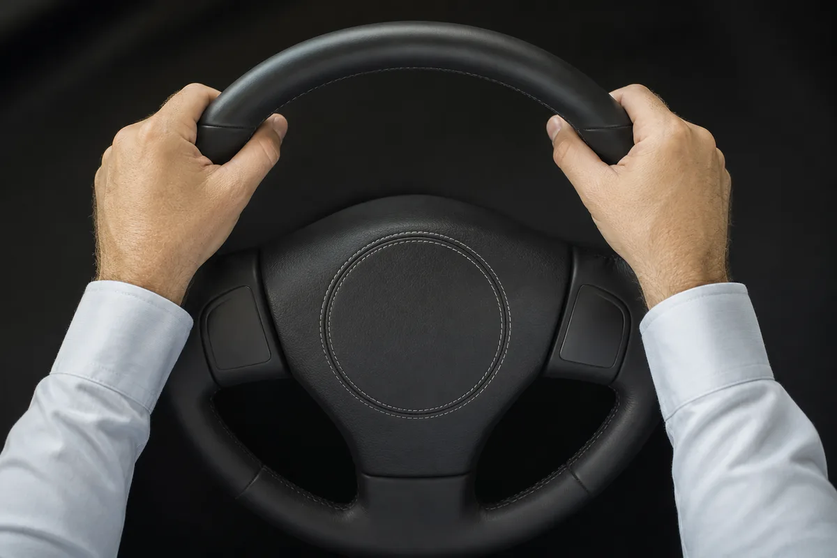 Vue plongeante sur deux mains posées sur un volant en cuir, cadrage serré sur le volant et les avant-bras