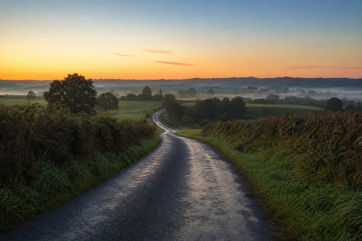 Route de campagne bordée de haies au lever du jour, bitume humide et collines en arrière-plan