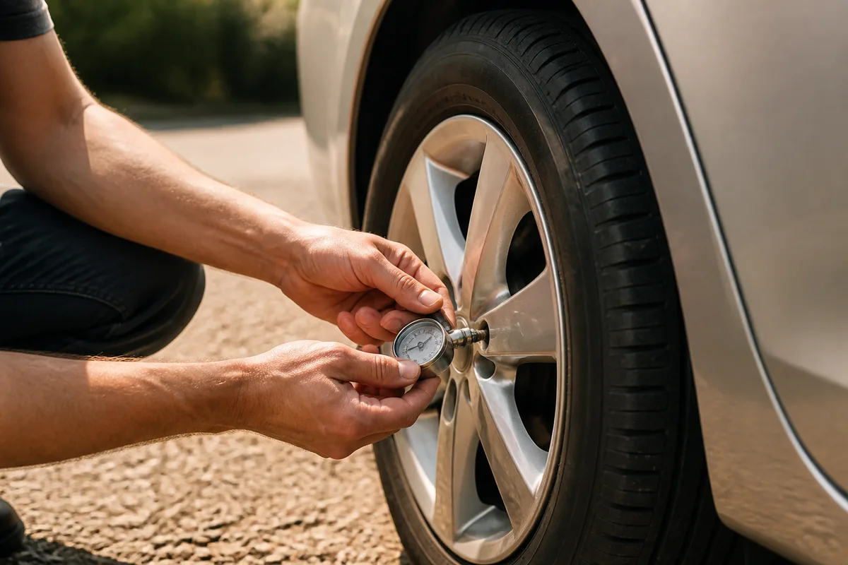 Manomètre posé sur le pneu avant d&rsquo;une voiture garée sur un accotement de gravier clair, mains d&rsquo;un adulte accroupi, lumière rasante de fin de journée