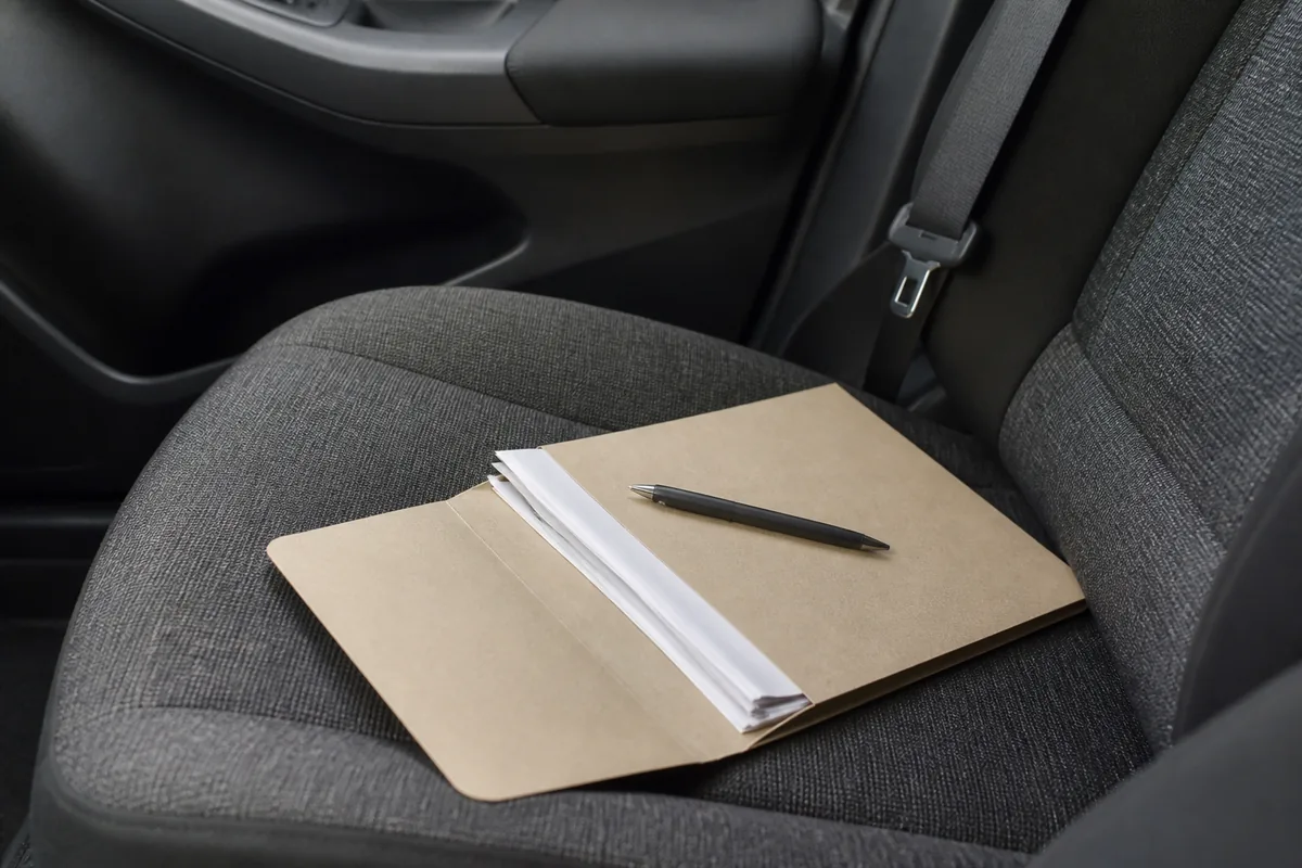 Pochette cartonnée beige ouverte sur un siège passager en tissu gris, feuillets pliés et stylo posé dessus, lumière douce entrant par la vitre latérale