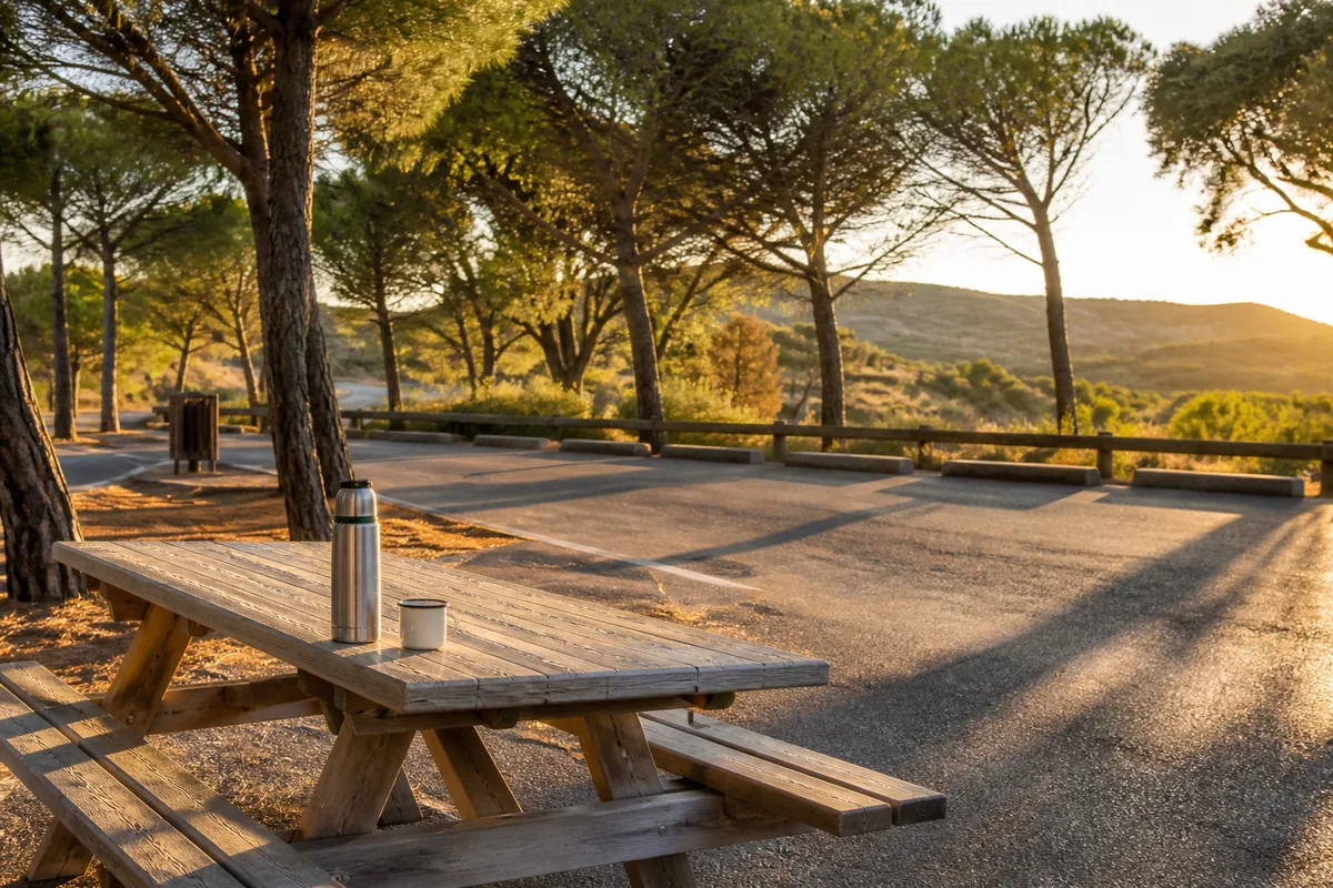 Aire de repos bordée de pins en fin d&rsquo;après-midi, table de pique-nique en bois clair, thermos et gobelet posés, ombres longues sur le bitume
