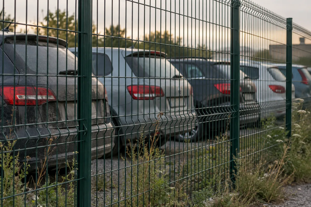 Rangée de voitures garées vues de dos derrière un grillage en fin de journée