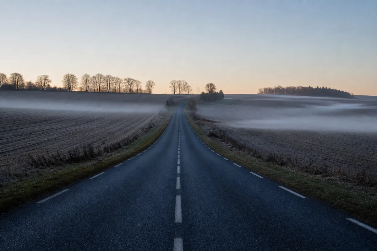 Route départementale déserte traversant un plateau agricole au lever du jour sous une brume basse