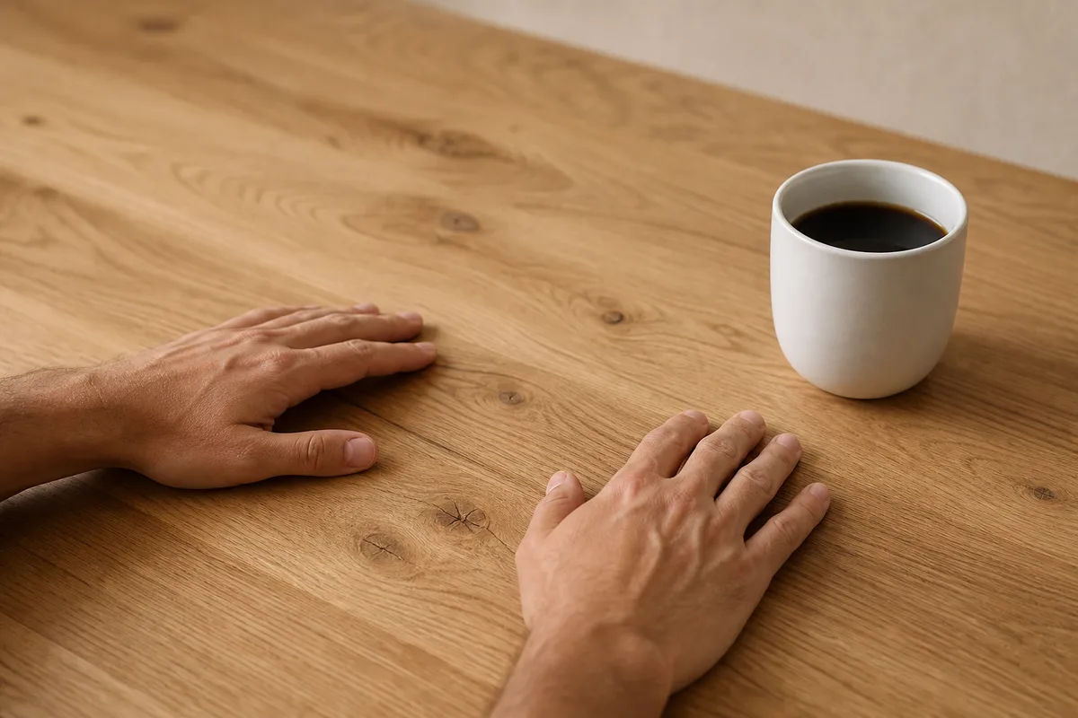 Mains posées à plat sur un plan de travail en chêne clair à côté d’une tasse en céramique blanche