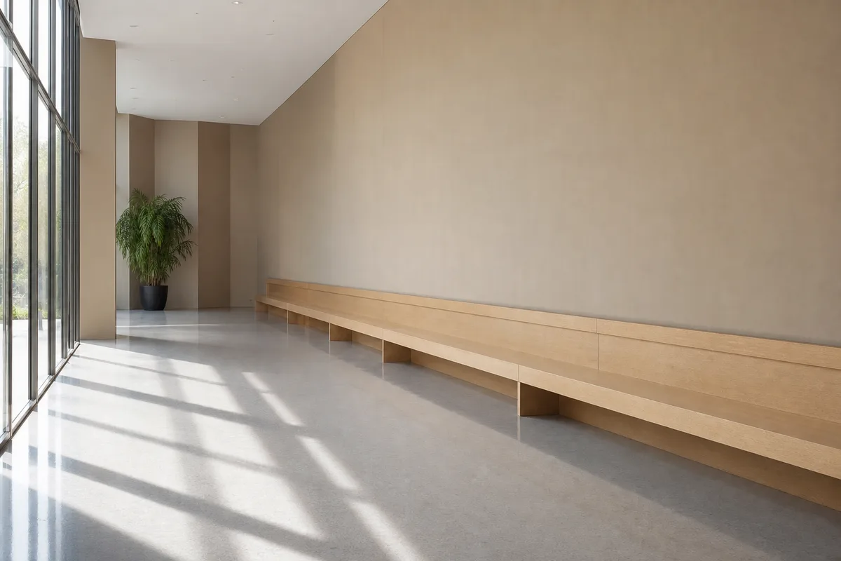 Hall d’accueil public désert au sol de linoléum gris perle avec longue banquette en bois clair