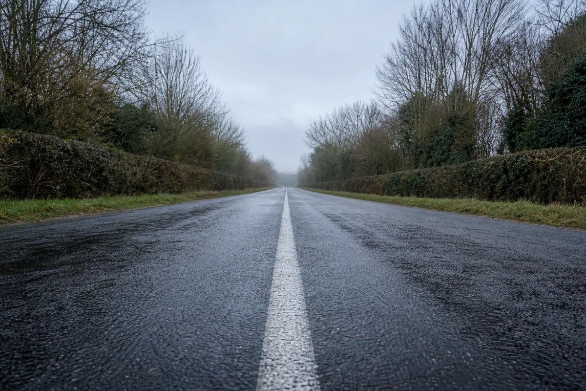 Route de campagne déserte bordée de haies sous un ciel gris clair, bitume humide vu au niveau du sol