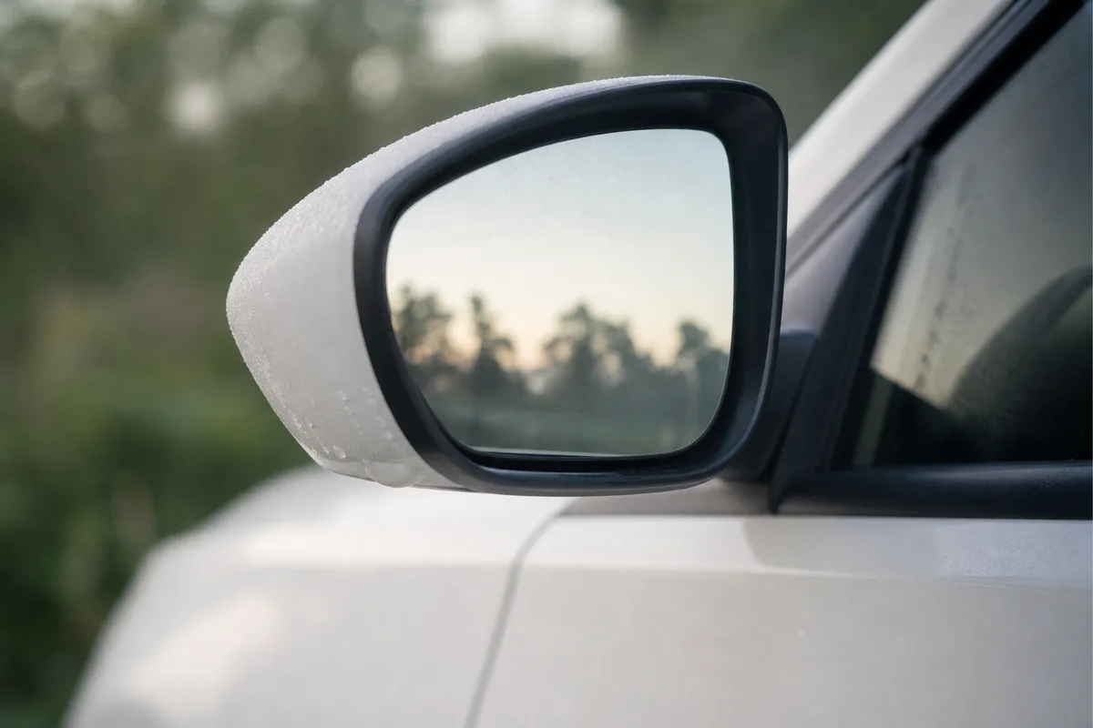 Rétroviseur extérieur d’une voiture blanche en gros plan, reflet flou d’une rangée d’arbres au petit matin