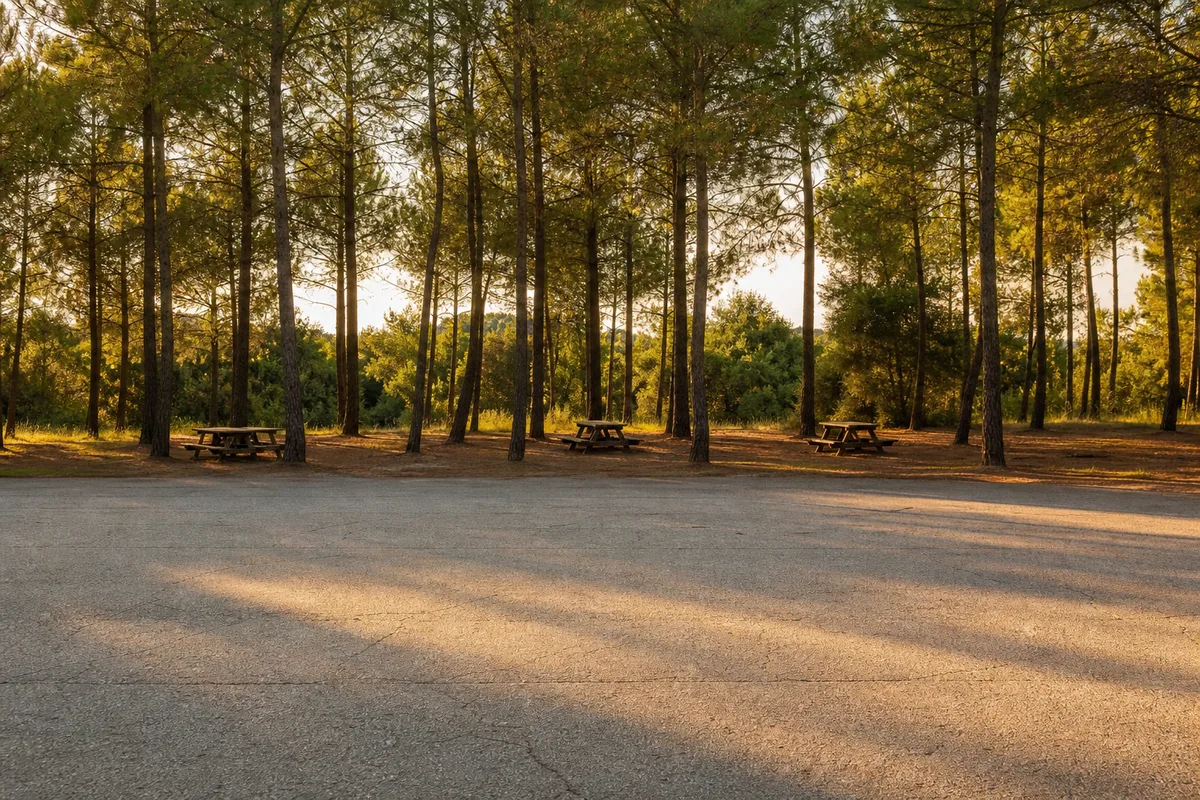Aire de repos boisée déserte en fin d’après-midi, tables de pique-nique en bois brut