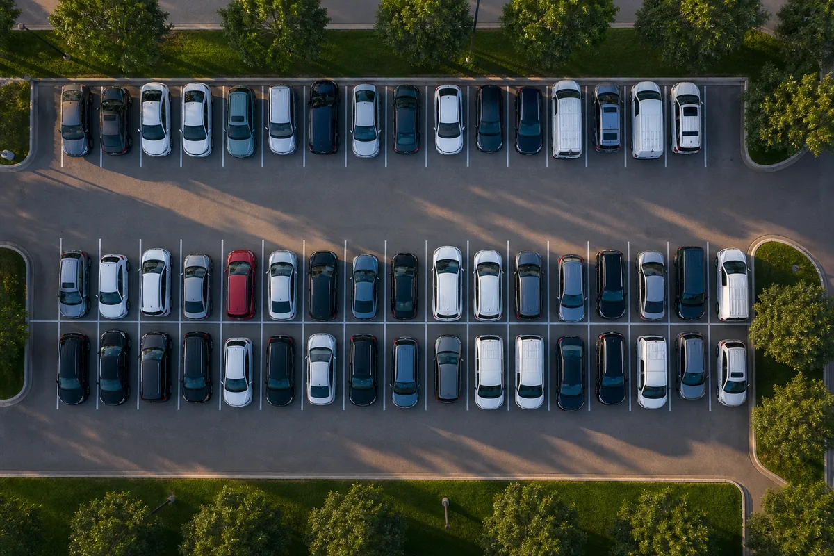 Vue aérienne verticale d’un parking d’entreprise avec rangées de toits de véhicules