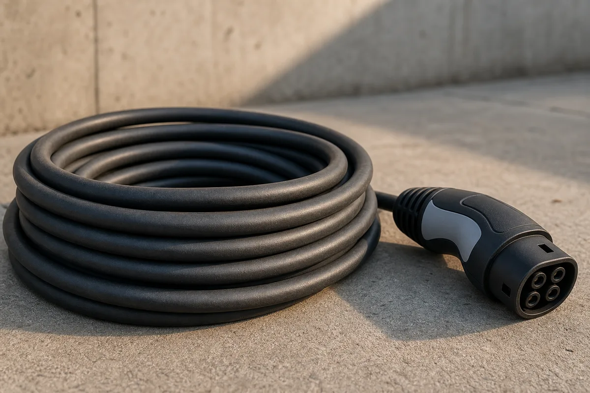 Câble de recharge électrique enroulé sur le sol en béton d’un parking