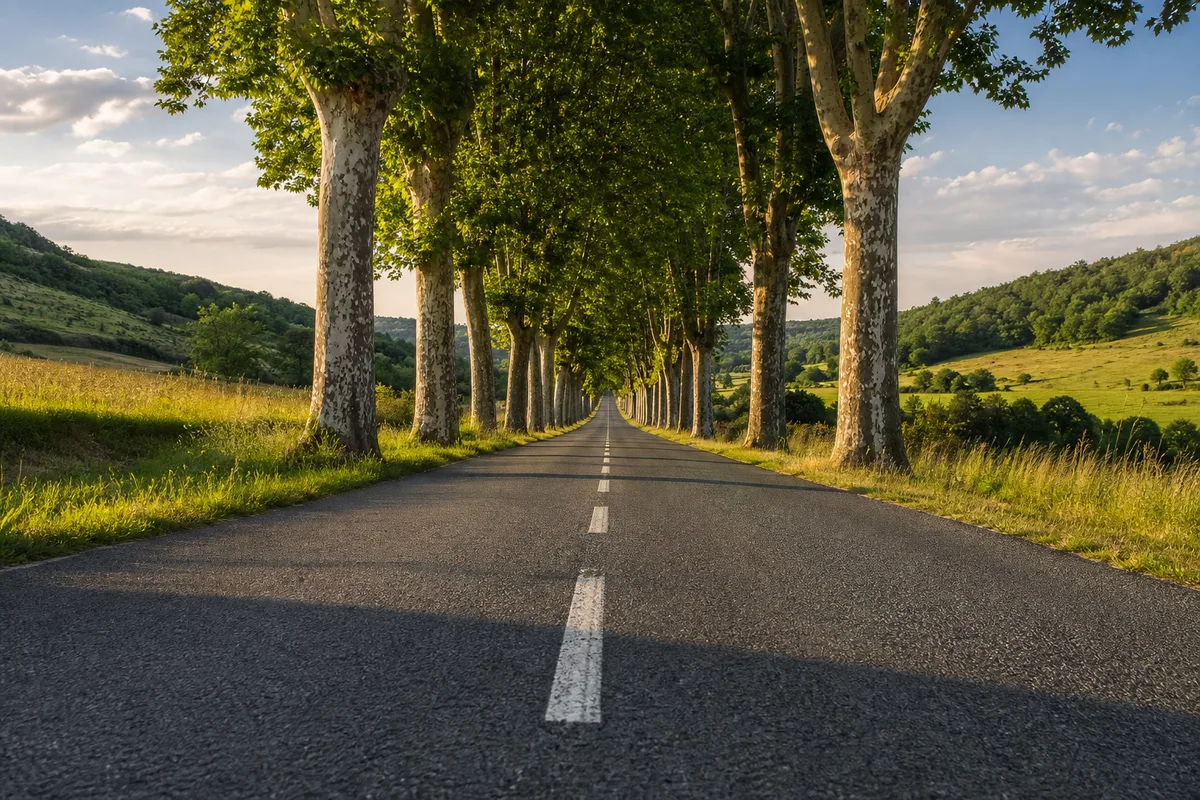 Route départementale bordée d’arbres en fin d’après-midi, chaussée déserte