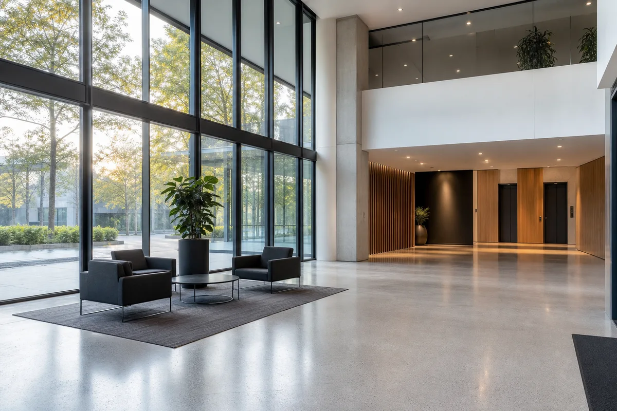 Hall d’accueil vitré d’un immeuble de bureaux désert au petit matin
