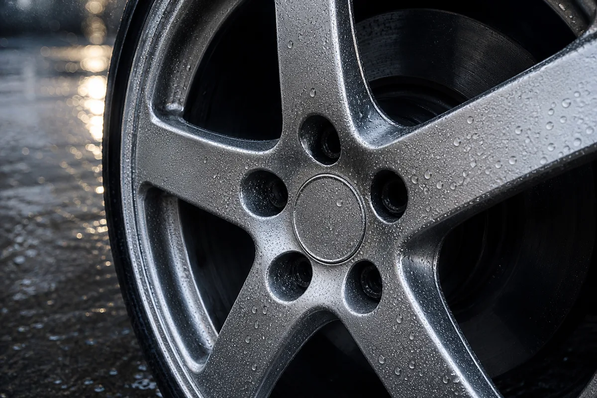 Cadrage serré sur deux mains gantées de cuir tenant la couronne d’un volant sombre