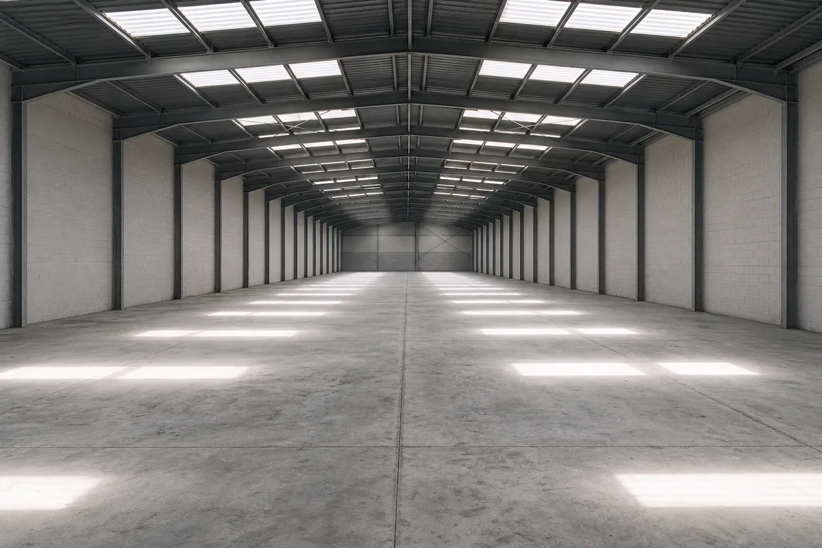 Hangar vide au sol de béton brut balayé, lumière descendant de lanterneaux en toiture, murs de parpaings gris clair