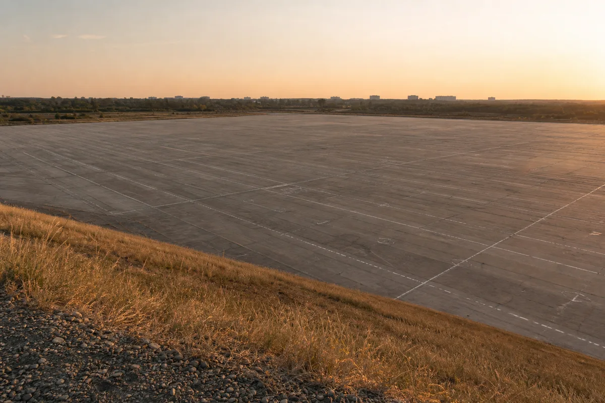 Vaste parking en béton désert vu de loin depuis un talus herbeux, marquages blancs pâlis, lumière rasante de fin d’après-midi