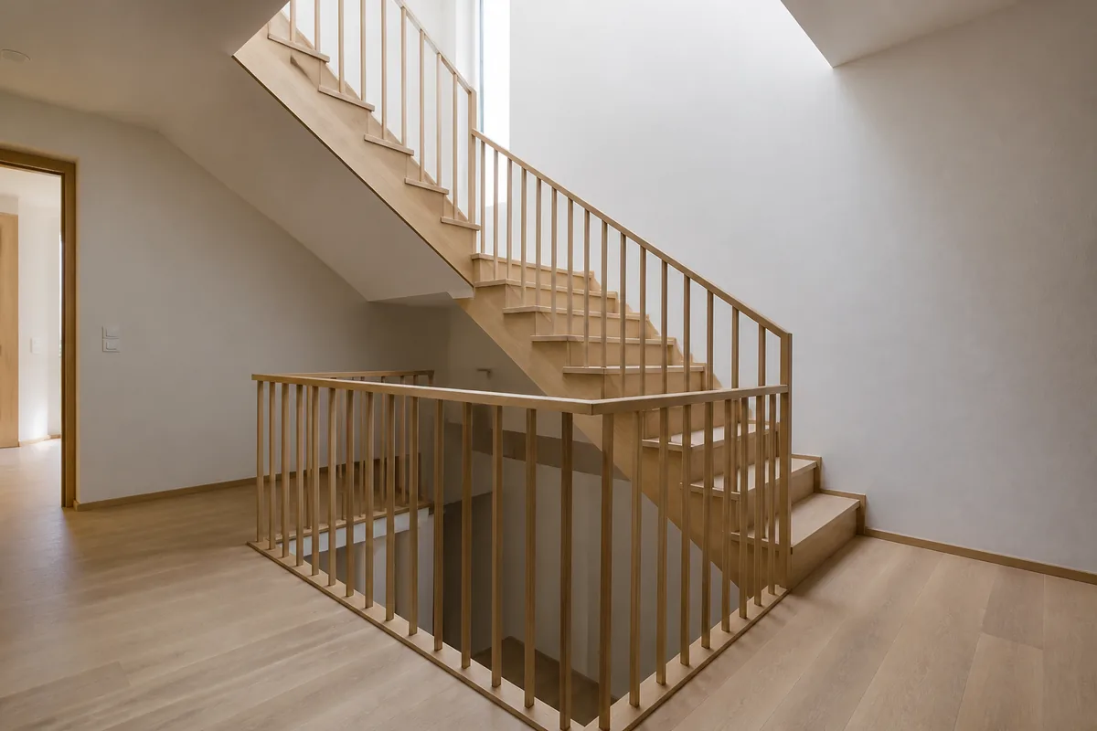 Cage d’escalier intérieure en bois clair et trémie ouverte sur le palier inférieur