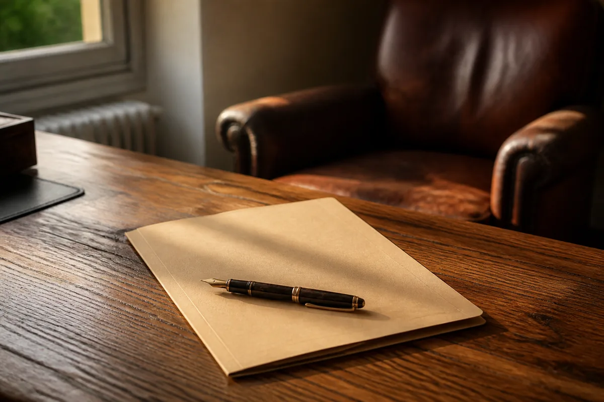 Bureau en chêne près d’une fenêtre avec chemise cartonnée fermée et stylo posé en travers