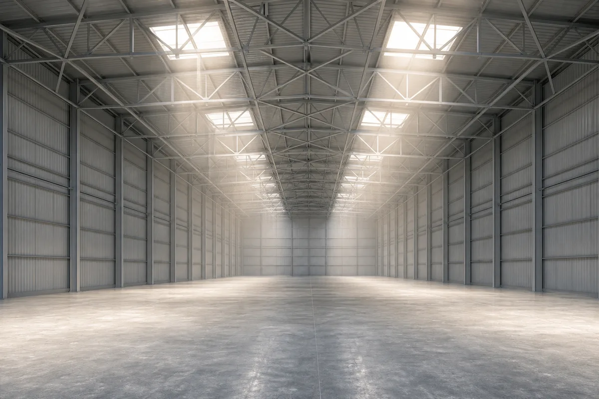 Hangar industriel vide à charpente métallique, sol de béton balayé et lumière zénithale poussiéreuse