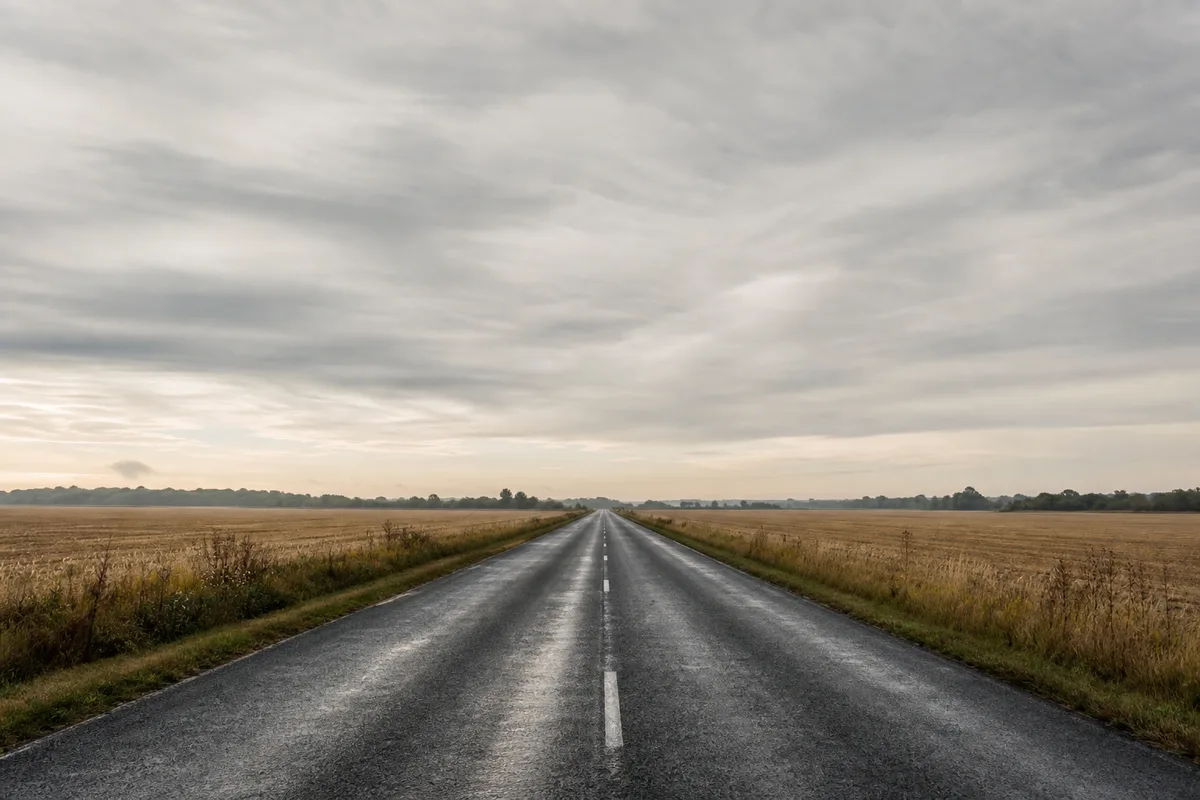 Route départementale déserte bordée de champs sous un ciel gris pâle, bitume humide et horizon bas