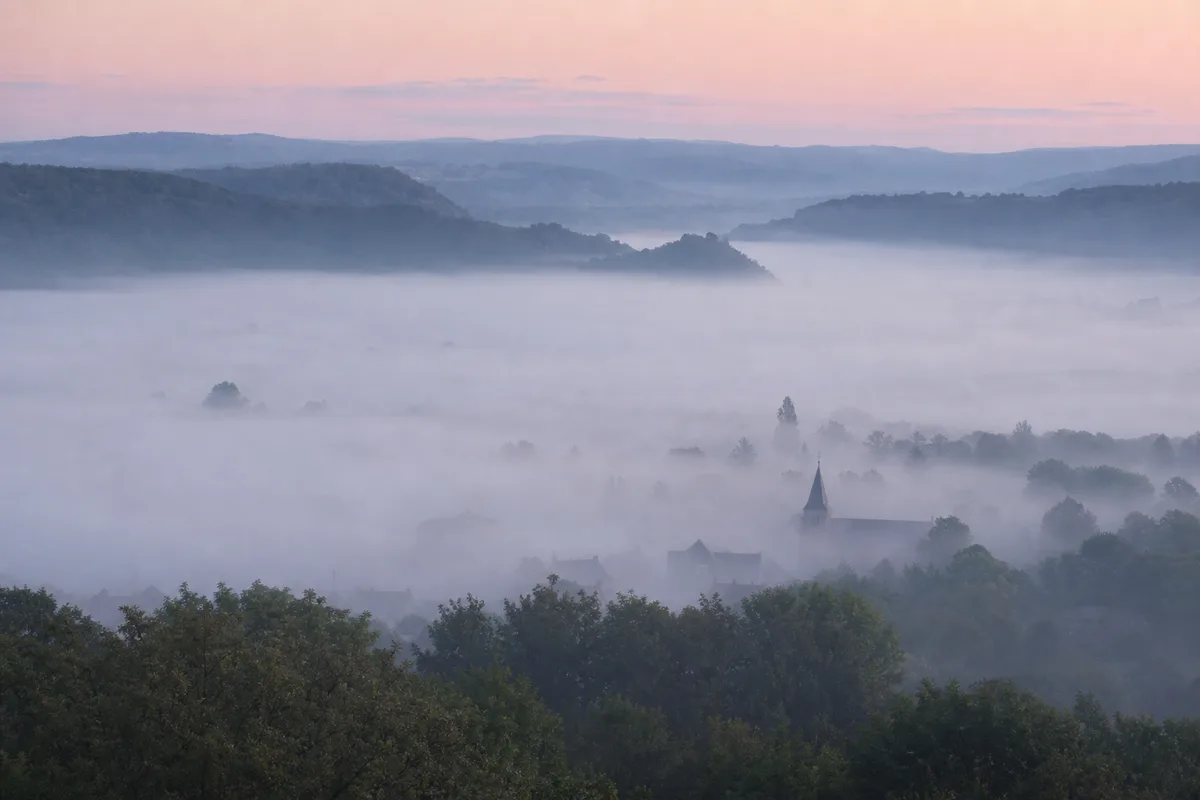 Ville au petit matin sous une nappe de brume, toits et collines émergeant de la grisaille