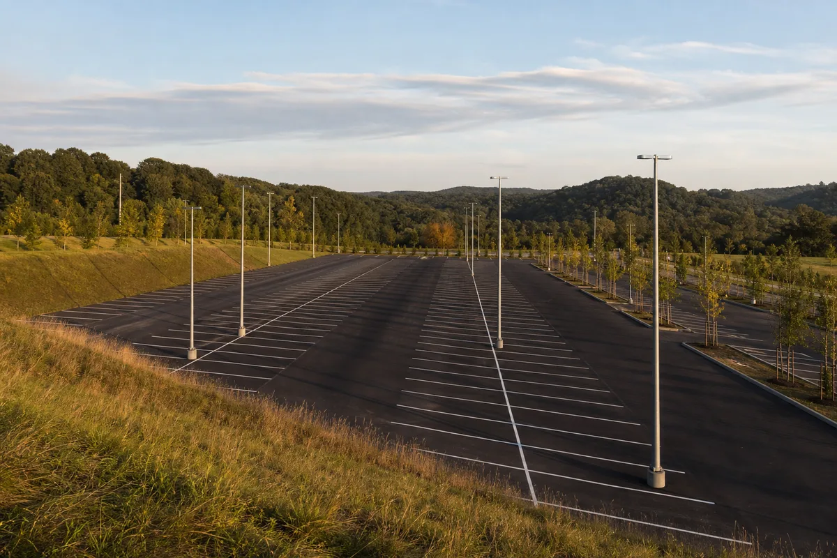Vaste aire d’enrobé dégagée vue depuis un talus herbeux en fin d’après-midi, ombres longues et lampadaires métalliques