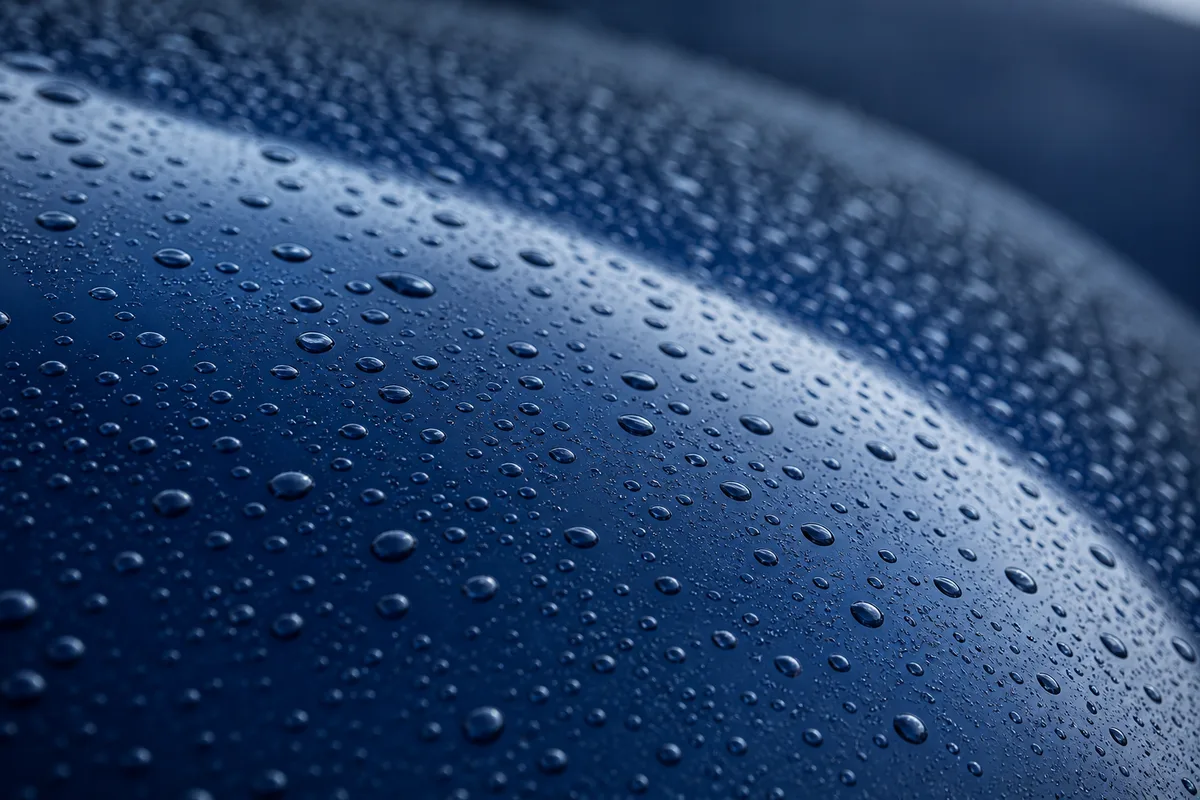 Gros plan sur une surface de tôle laquée bleu nuit couverte de gouttes de pluie, reflets doux du ciel